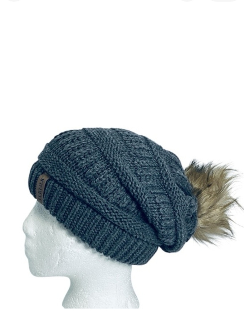 💚 Furtalk Gray Knit Beanie with Faux Fur Pom